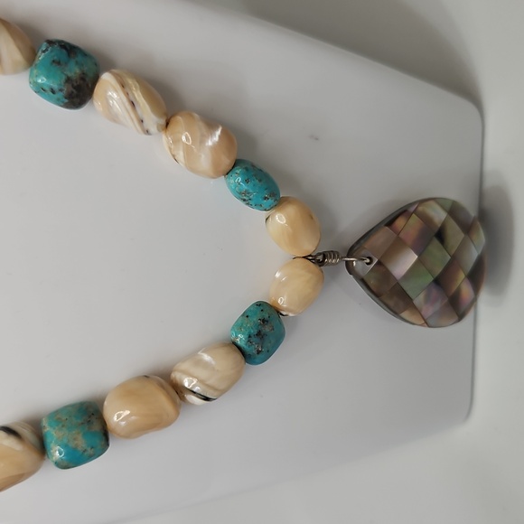 Unique Turquoise and Tan Beaded Necklace and Bracelet Set - Picture 4 of 15